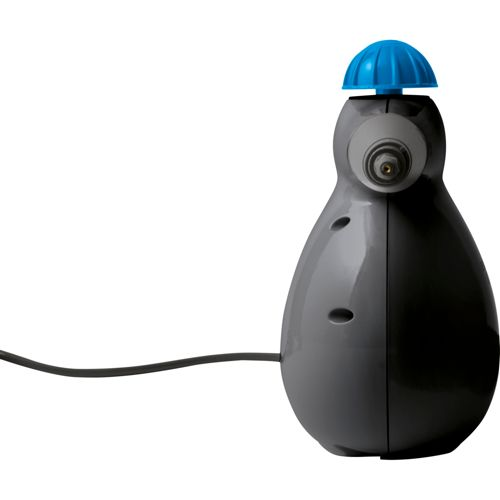 Dispositivo gris en forma de lágrima con tapa azul y cable negro.