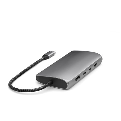 Grauer USB-C-Hub mit HDMI-, USB-A- und SD-Kartensteckplätzen.