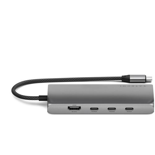 Grauer USB-C-Hub mit HDMI- und drei USB-C-Anschlüssen, mit schwarzem Kabel.