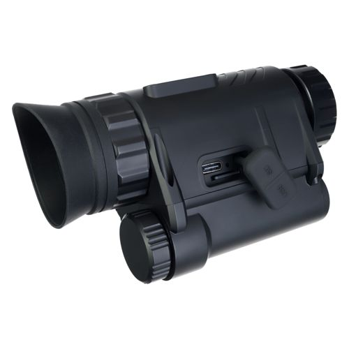 Ein schwarzes Nachtsichtgerät mit USB- und SD-Anschlüssen und Einstellrädern.