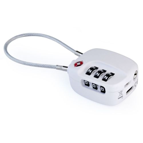 Un lucchetto bianco a combinazione a tre cifre con cavo d'acciaio.