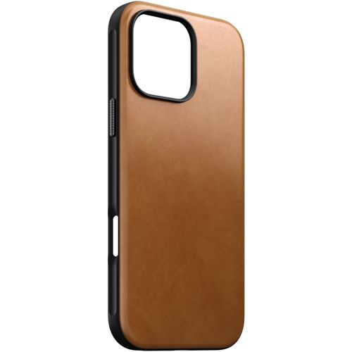 Custodia per telefono marrone con finiture nere e ritaglio fotocamera.