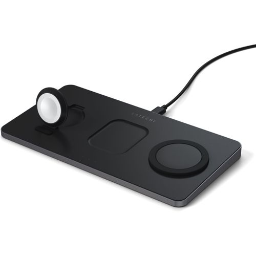 Base de carga negra con tres zonas para un teléfono y un reloj.