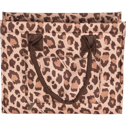Eine Tasche mit Leopardenmuster, hellbraun mit dunklen Flecken.