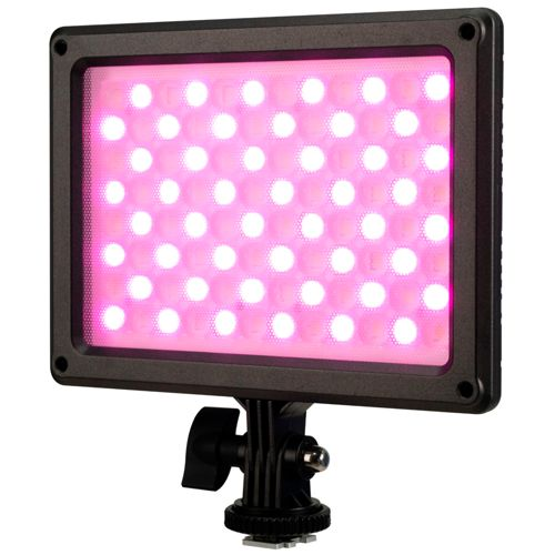 Ein rechteckiges LED-Licht mit rosa Glühen und einem schwarzen Halter.