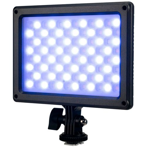 Ein rechteckiges LED-Leuchtenpanel mit vielen hellweißen und blauen LEDs auf einer schwarzen Halterung.