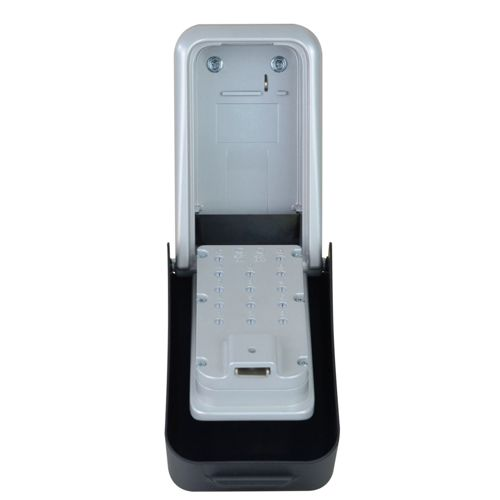 Una caja fuerte de llaves de metal abierta con botones numerados y puerto USB.