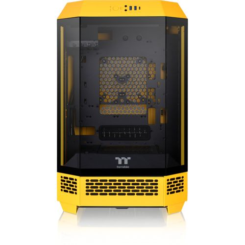 Case PC giallo con pannelli in vetro e prese d'aria a nido d'ape.