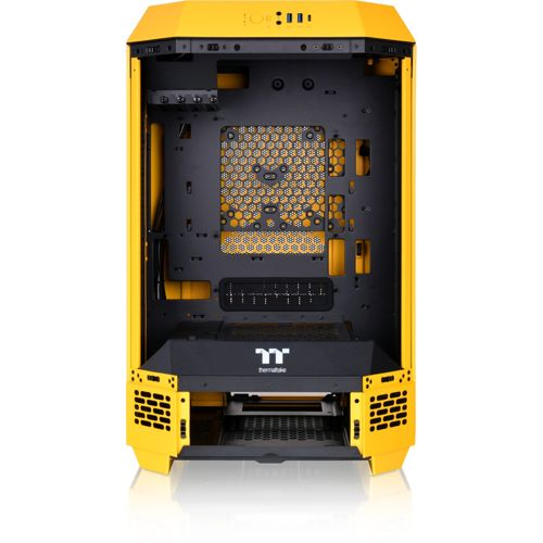 Interno di case PC giallo, con griglia nera e gestione cavi.