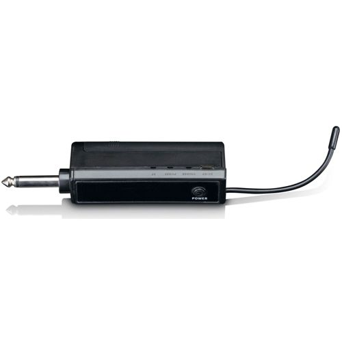 A black wireless receiver with a jack plug and an antenna.