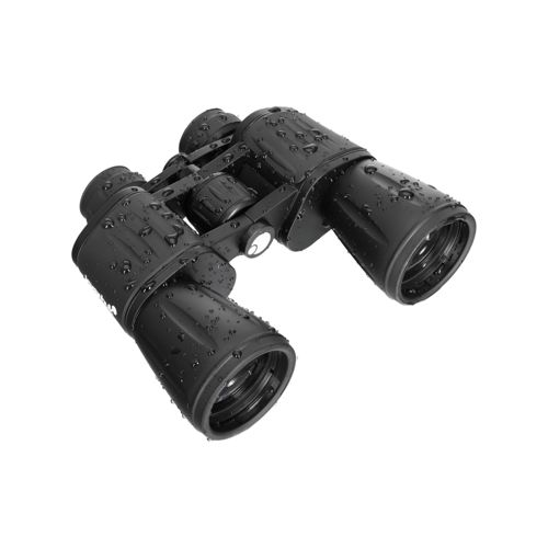Binocolo nero con gocce d'acqua su sfondo bianco.