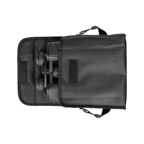 Borsa nera con binocolo all'interno. La borsa è aperta e il binocolo è visibile.