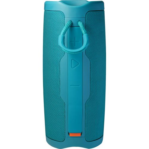 Altoparlante Bluetooth turchese con griglia in tessuto e pulsanti di controllo.