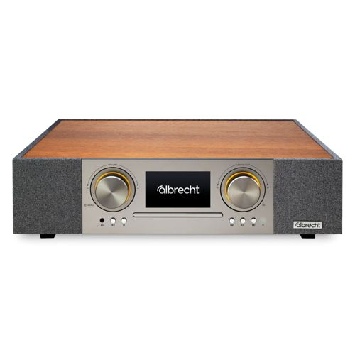 Ein Albrecht HiFi-Gerät mit Holzoberseite, silberner Front und Stoffseiten.