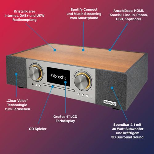Albrecht Soundbar mit Holzdekor, 4" LCD, CD-Spieler, DAB+, Spotify, Anschlüsse.