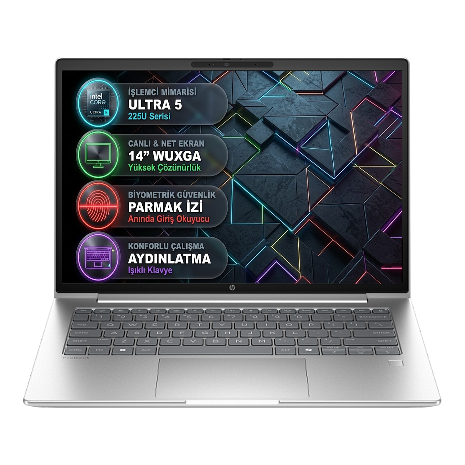 Intel Core Ultra 5 işlemcili, 14 inç WUXGA ekranlı, parmak izi güvenlikli, aydınlatmalı klavyeli gümüş laptop.