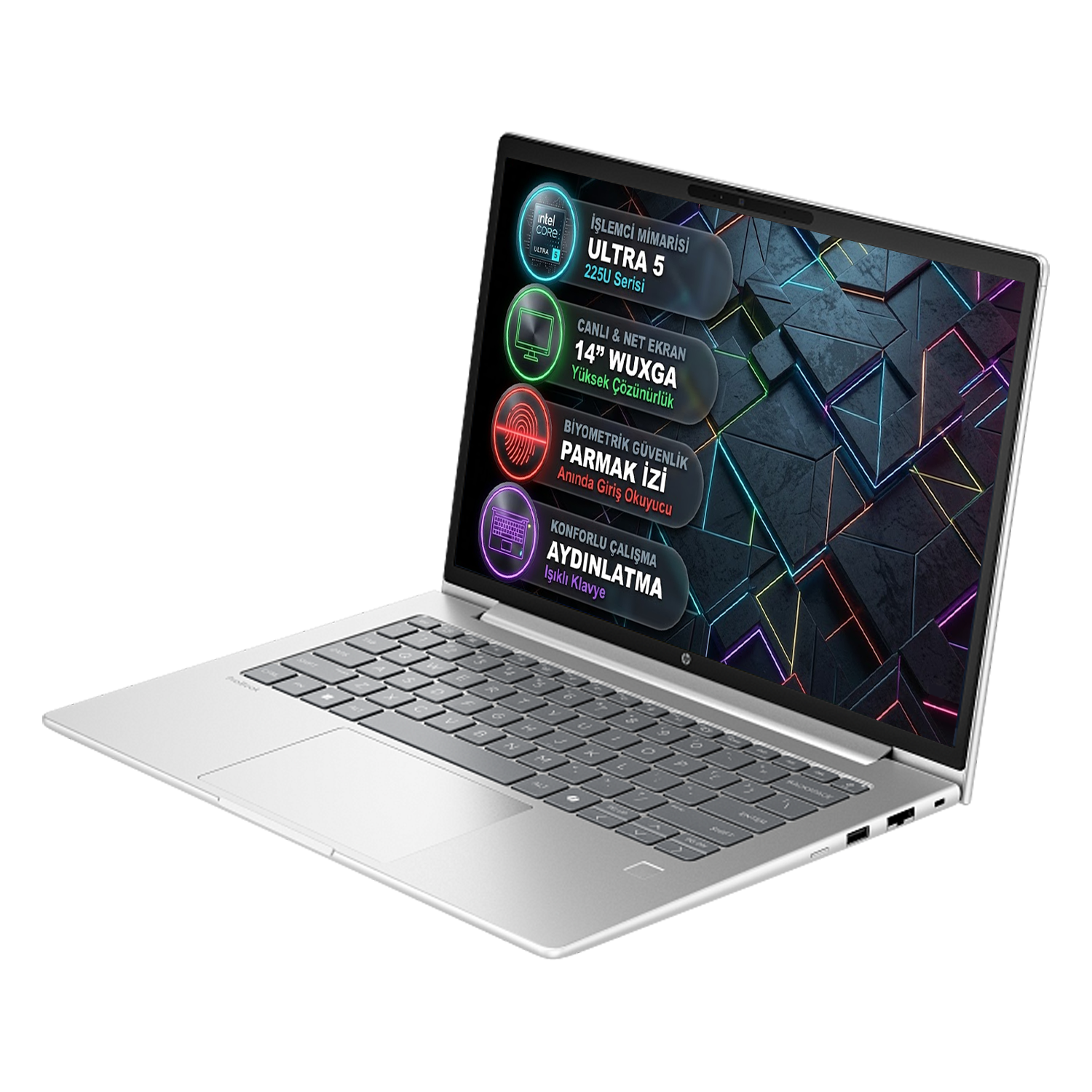Gümüş rengi laptop, 14 inç WUXGA ekran ve Intel Core Ultra 5 işlemcili.