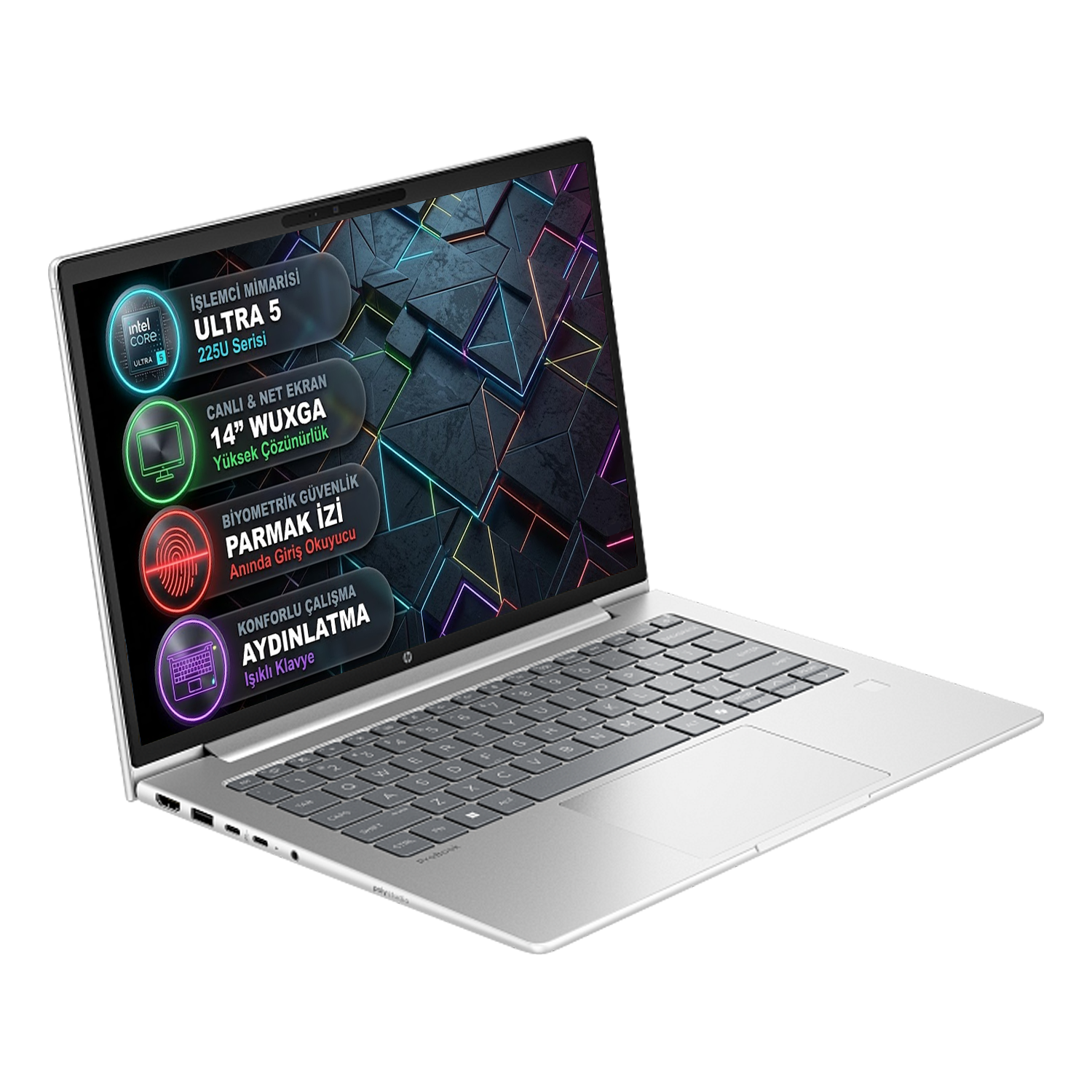 Intel Core Ultra 5 işlemcili, 14" WUXGA ekranlı, aydınlatmalı klavyeli gümüş rengi laptop.