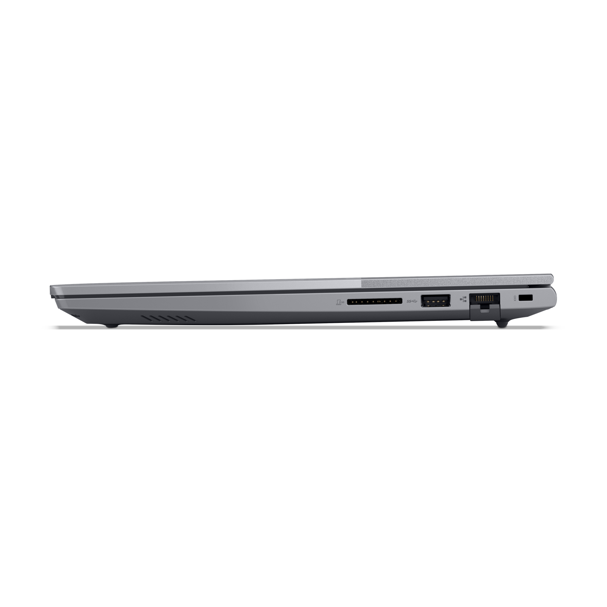 Laptop grigio, vista laterale con porte: lettore di schede SD, USB, Ethernet.