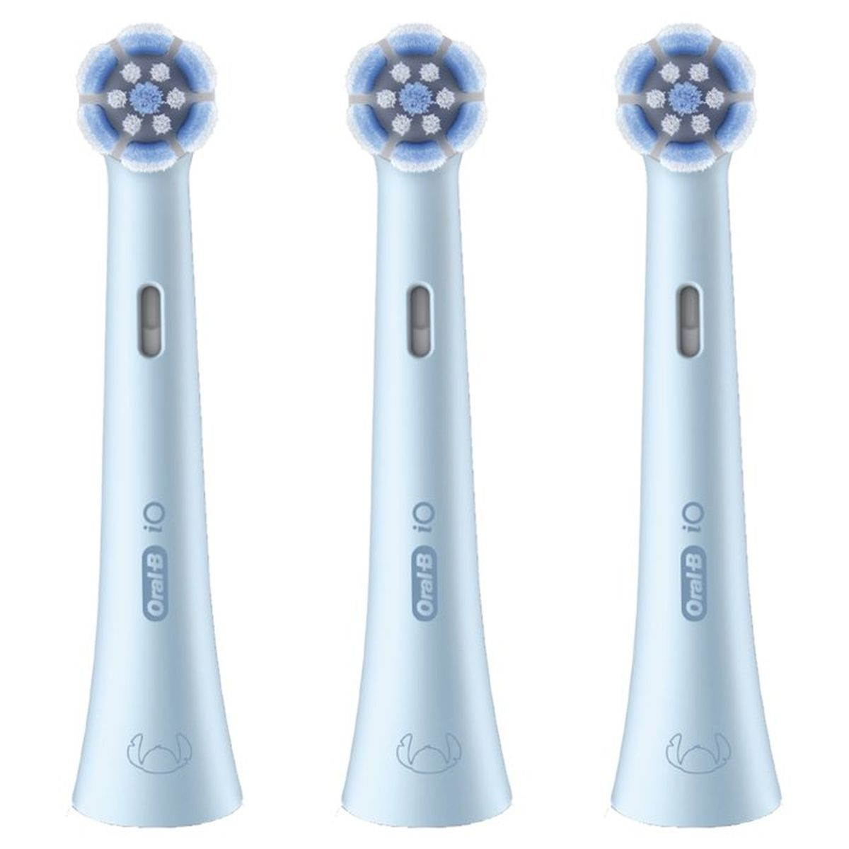 Drei hellblaue Oral-B iO Zahnbürstenköpfe mit blauen Borsten nebeneinander.
