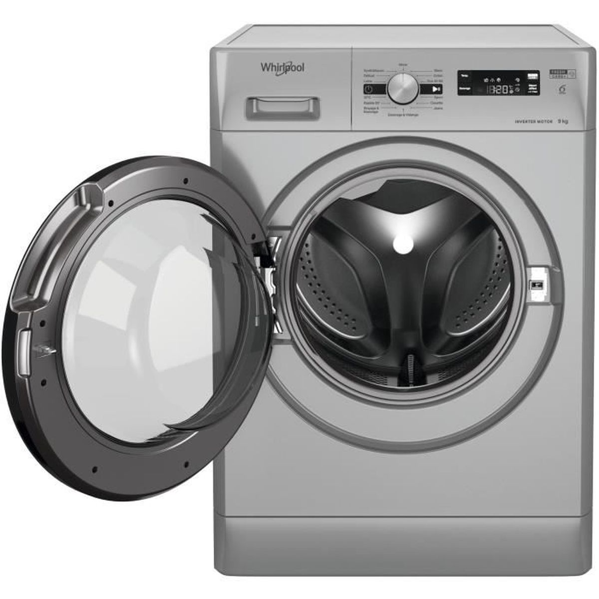 Eine silberne Waschmaschine mit geöffneter Tür und Trommel im Inneren.