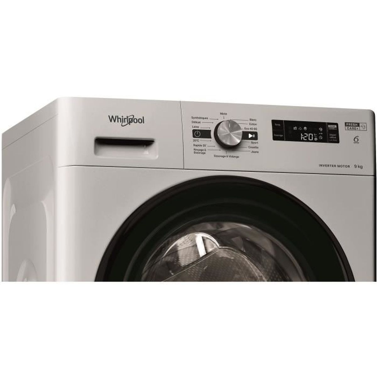 Weiße Whirlpool Waschmaschine mit silbernem Bedienfeld und digitaler Anzeige.