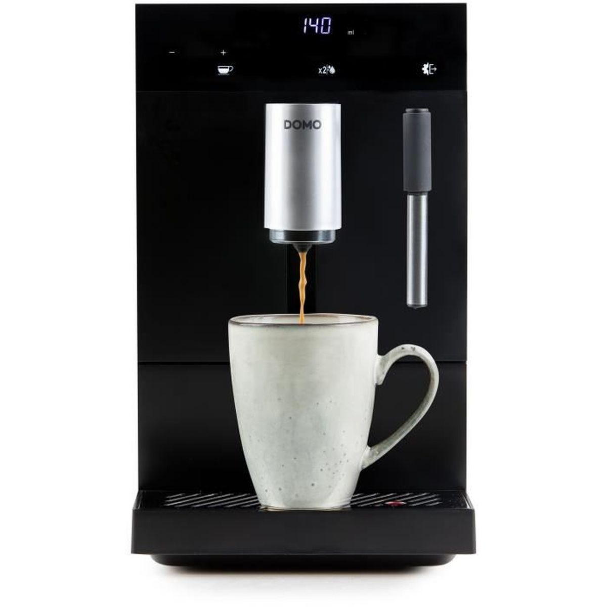 Macchina da caffè che prepara il caffè in una tazza beige. Display mostra 140 ml.