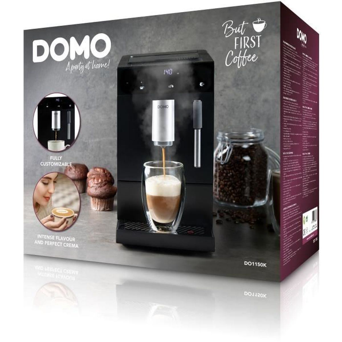 Macchina da caffè DOMO che prepara caffè in un bicchiere. Chicchi di caffè in un barattolo accanto.