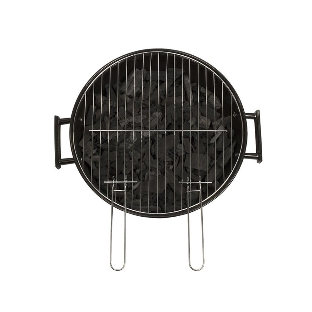 Ein schwarzer Holzkohlegrill mit einem Metallrost, gefüllt mit Holzkohlebriketts.