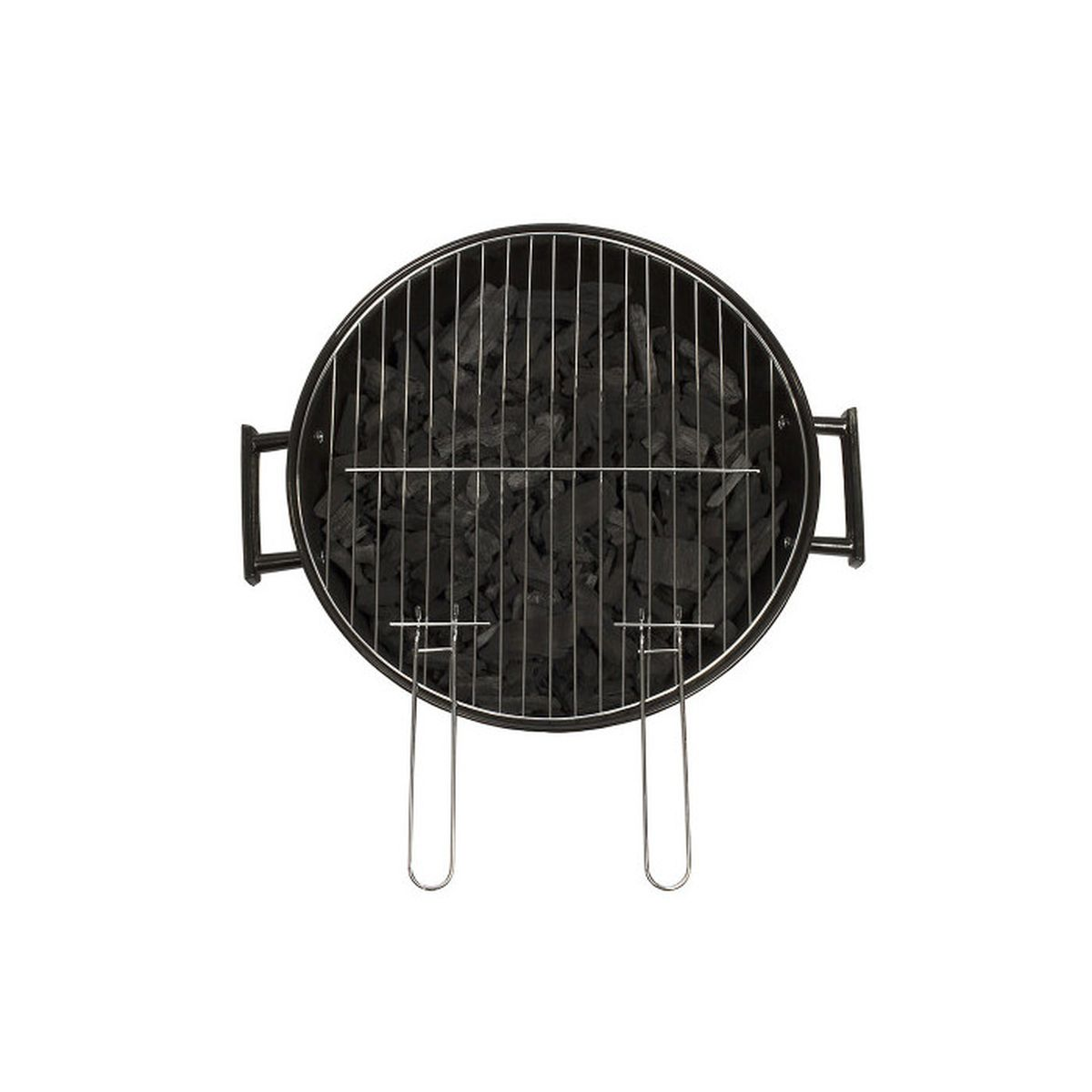 Ein runder Grill mit Holzkohle und einem Metallrost.