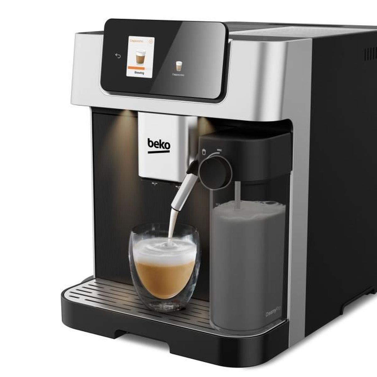 Macchina da caffè prepara caffè in un bicchiere, monta il latte.