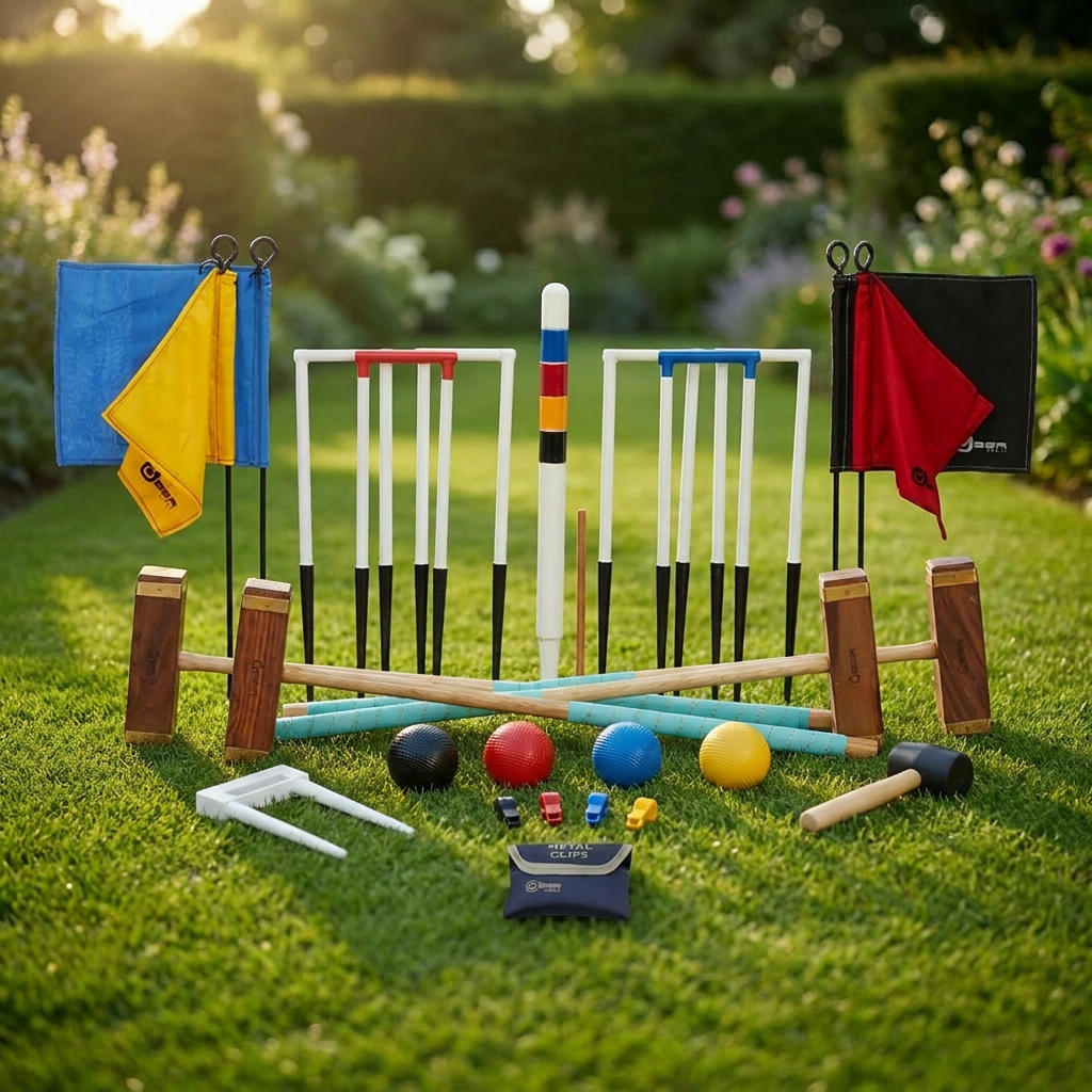 Krocket-Set auf Rasen: Schläger, Bälle, Weiden und Fahnen im Garten.