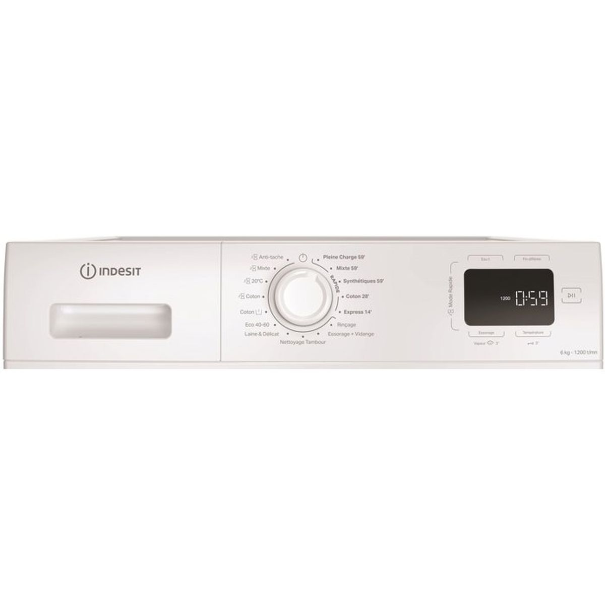 Frontansicht einer weißen Indesit Waschmaschine mit Bedienfeld und Display.