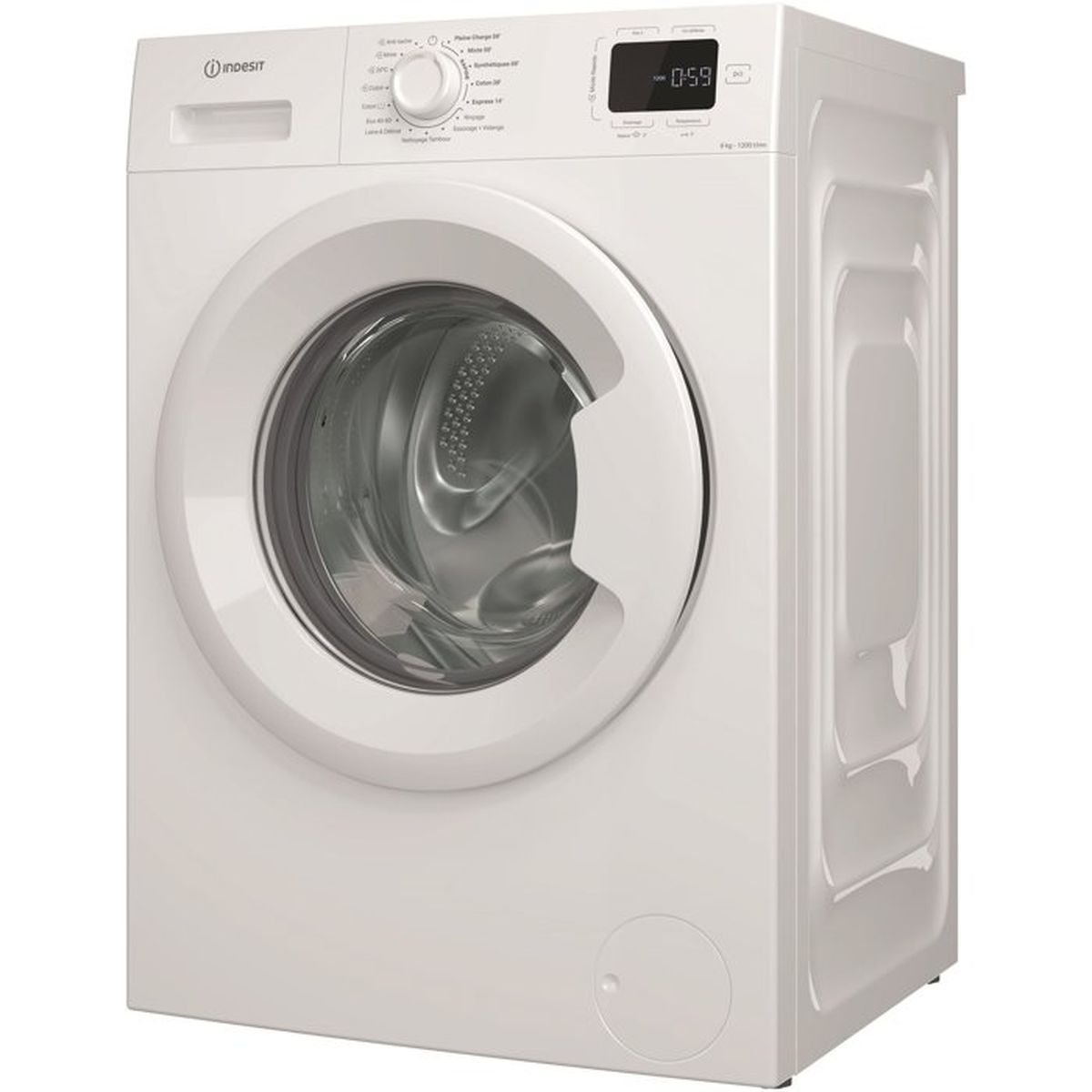 Weiße Indesit Waschmaschine mit Frontlader, Digitalanzeige und Drehknopf.