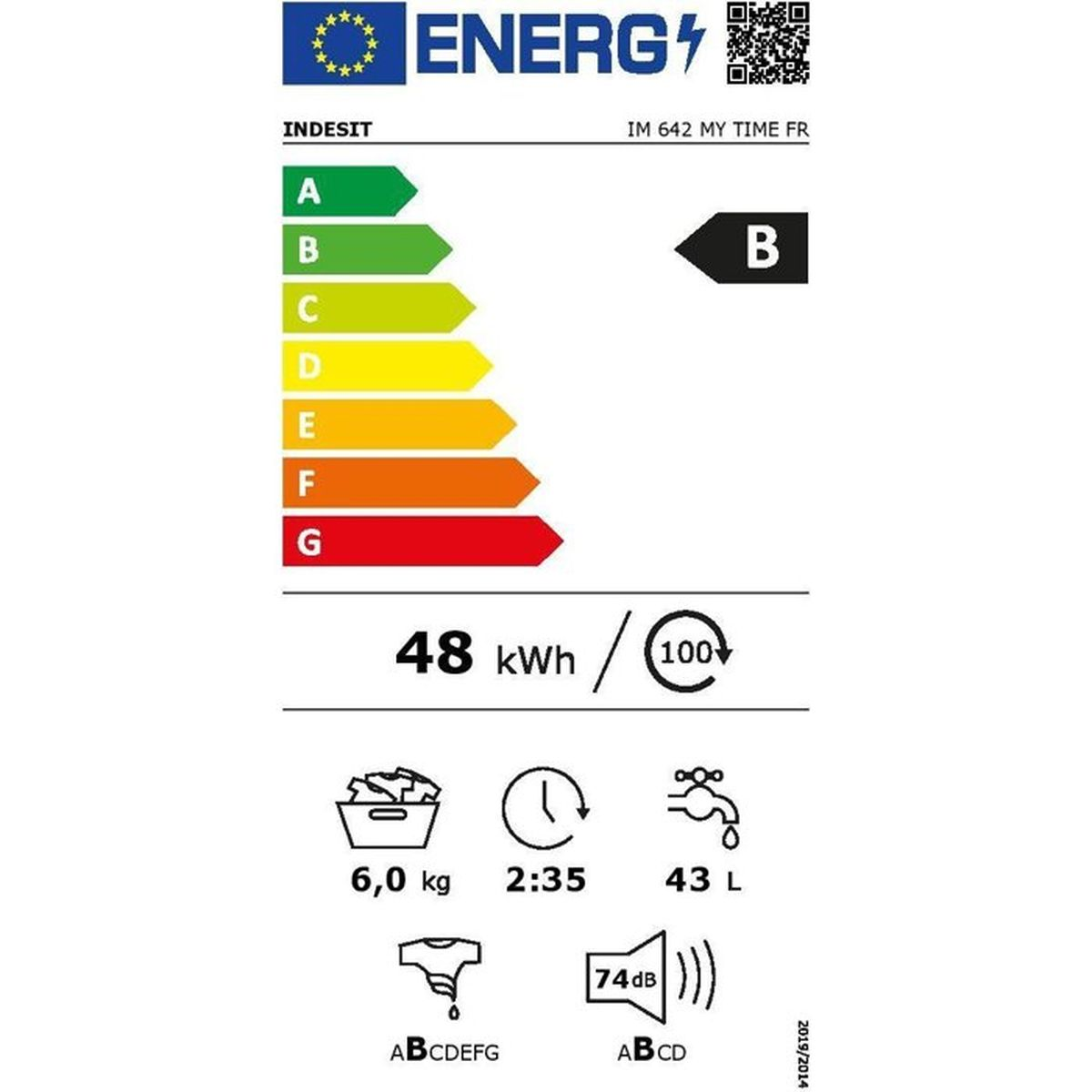 Energieeffizienzlabel mit Indesit, Klasse B, 48 kWh/100 Zyklen, 6 kg, 2:35 Std., 43 L.