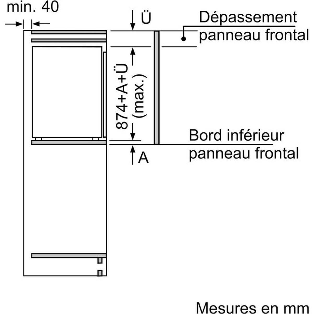 Disegno tecnico con dimensioni per un elettrodomestico. Mostra sporgenza e bordo inferiore.