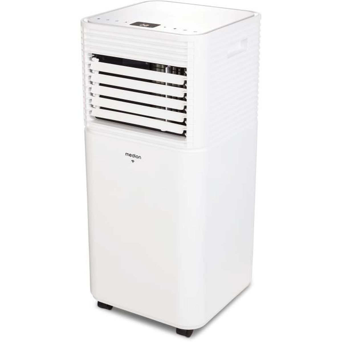 A white floor-standing air conditioner tower with vents and Medion logo.