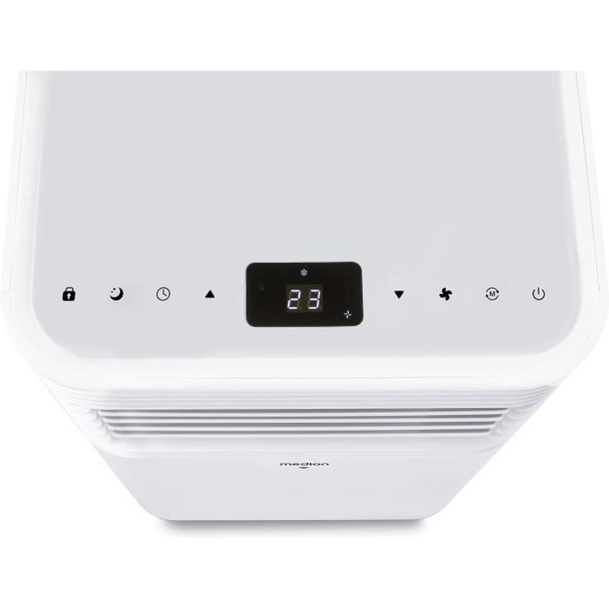 A white Medion air conditioner with a digital display showing 23 degrees.