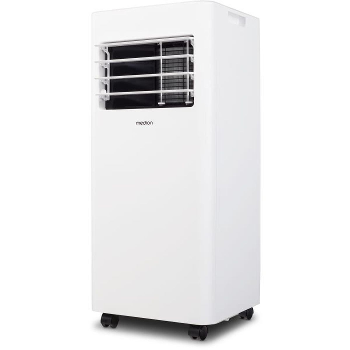 A white Medion air cooler with adjustable louvers and wheels.