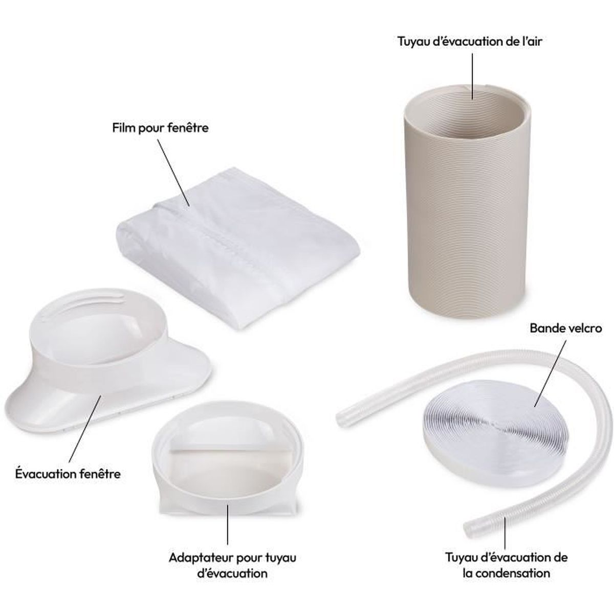 White and grey parts of portable air conditioner accessory on white background.