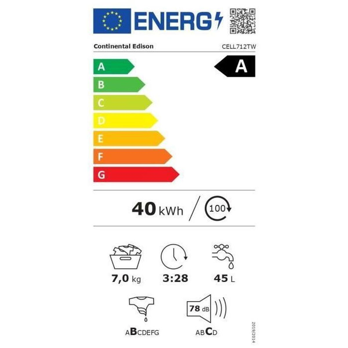 Energielabel für Continental Edison CELL712TW Waschmaschine. Energieklasse A. 40 kWh/100 Zyklen. 7kg, 3:28, 45L. Geräusch 78dB.