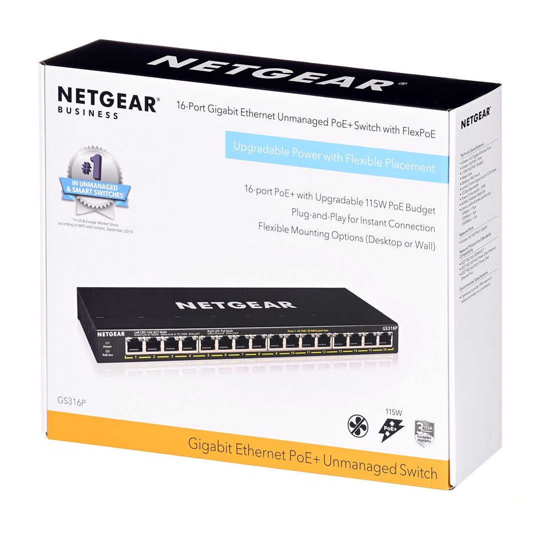 Confezione di uno switch NETGEAR Gigabit PoE+ a 16 porte con FlexPoE.