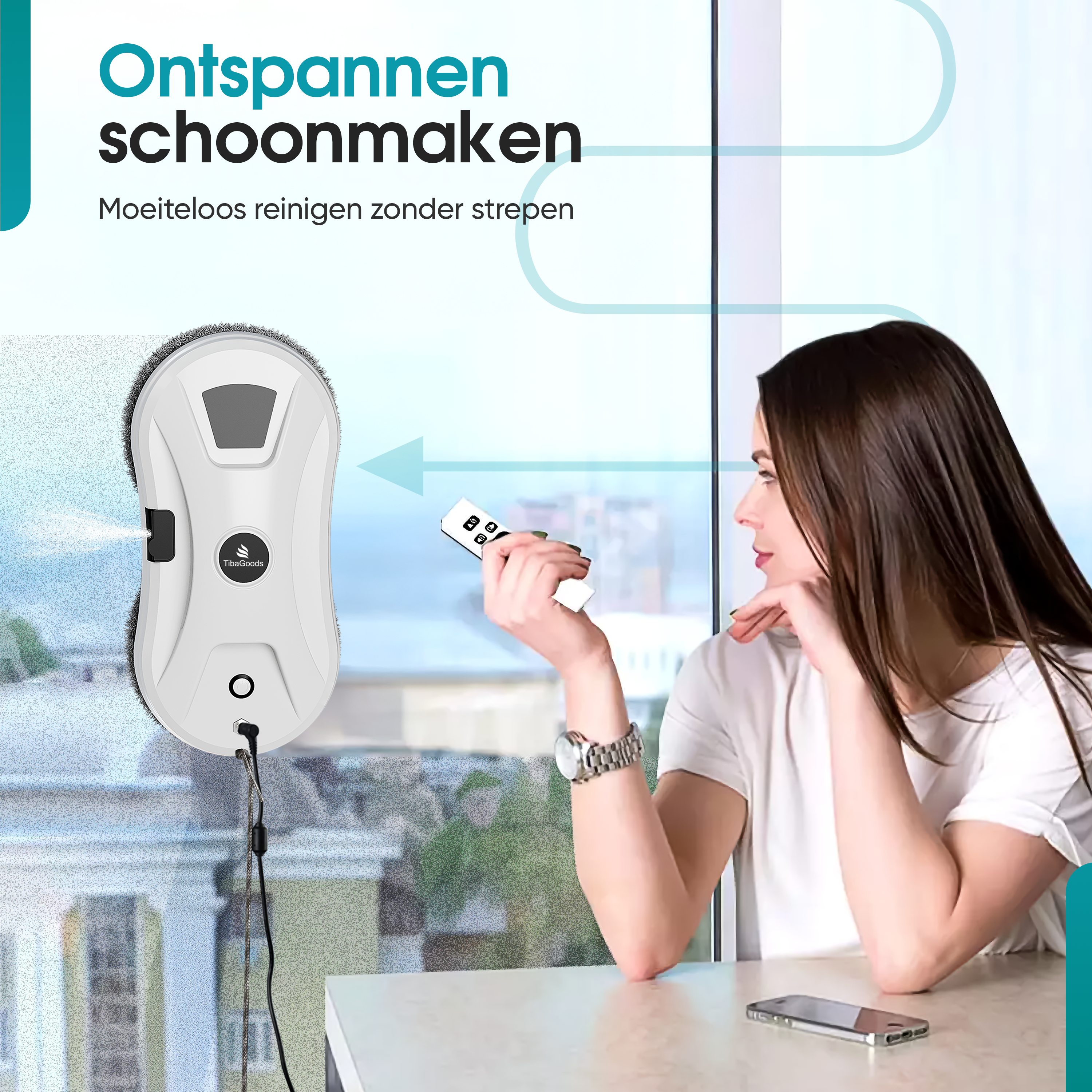 Een robot ramenwasser maakt een raam schoon, een vrouw houdt de afstandsbediening.