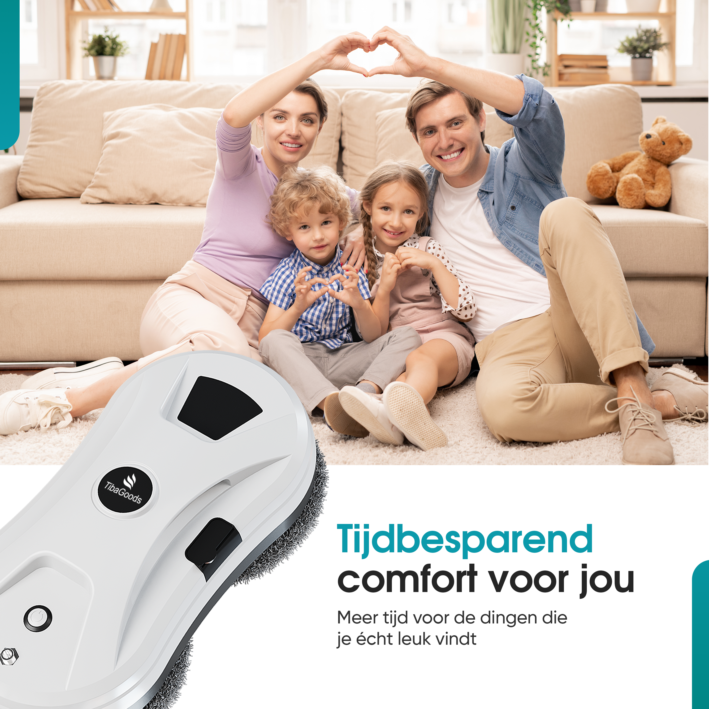 Familie met robotraamreiniger op vloerkleed, ouders vormen hart met handen.