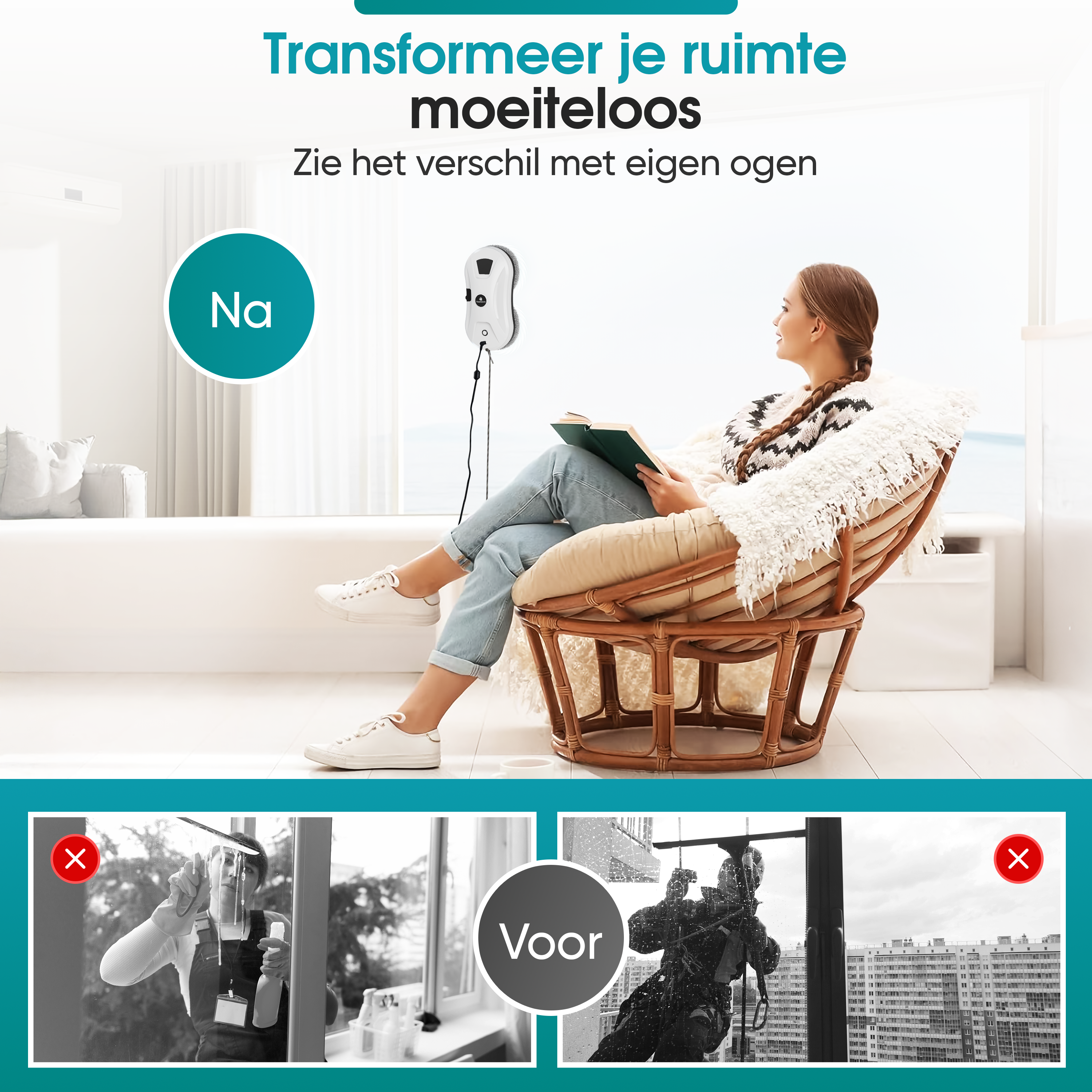 Ramenpoetsrobot op een raam, vrouw leest boek.
