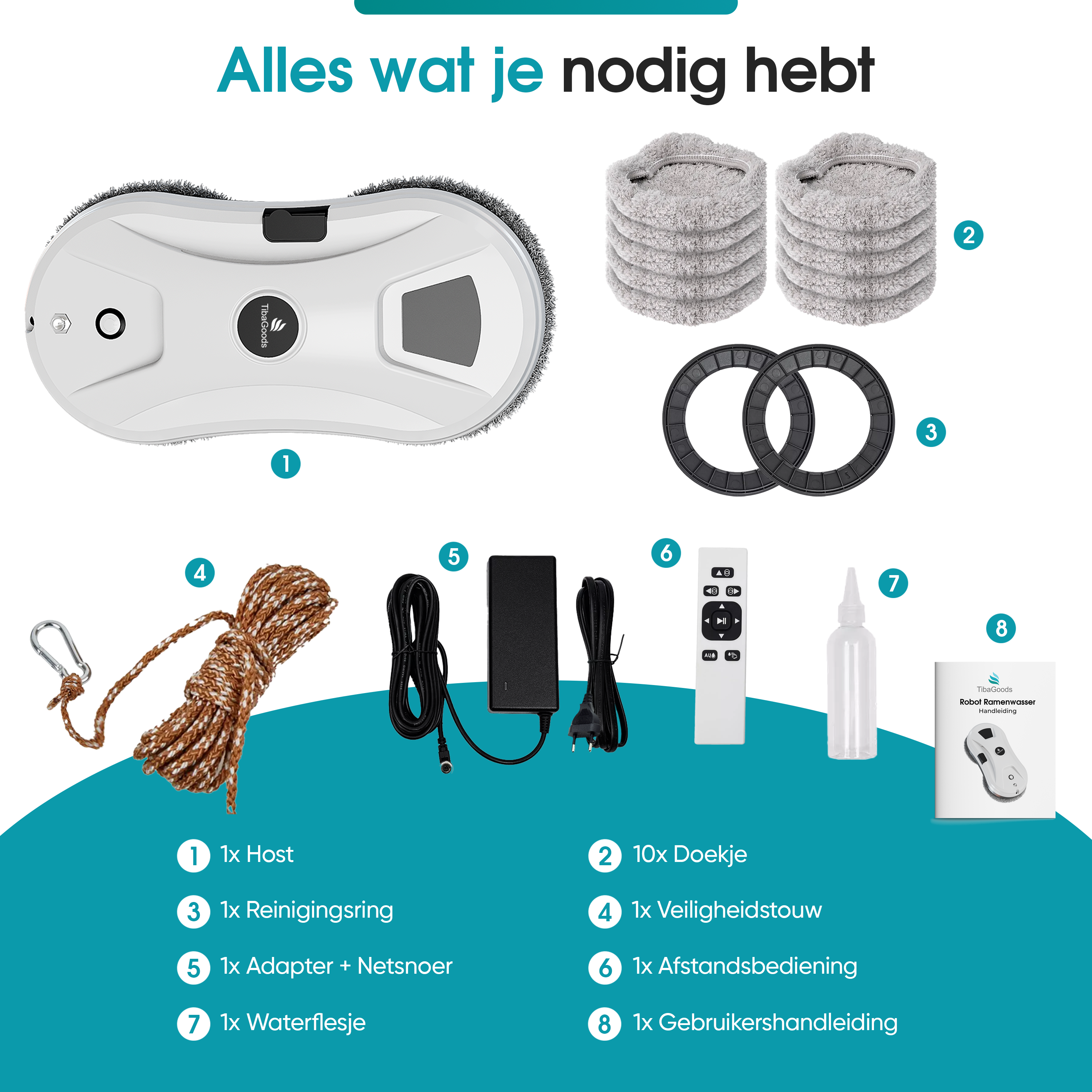 Een raamwisser robot set met host, doekjes, touw, adapter, afstandsbediening en flesje.