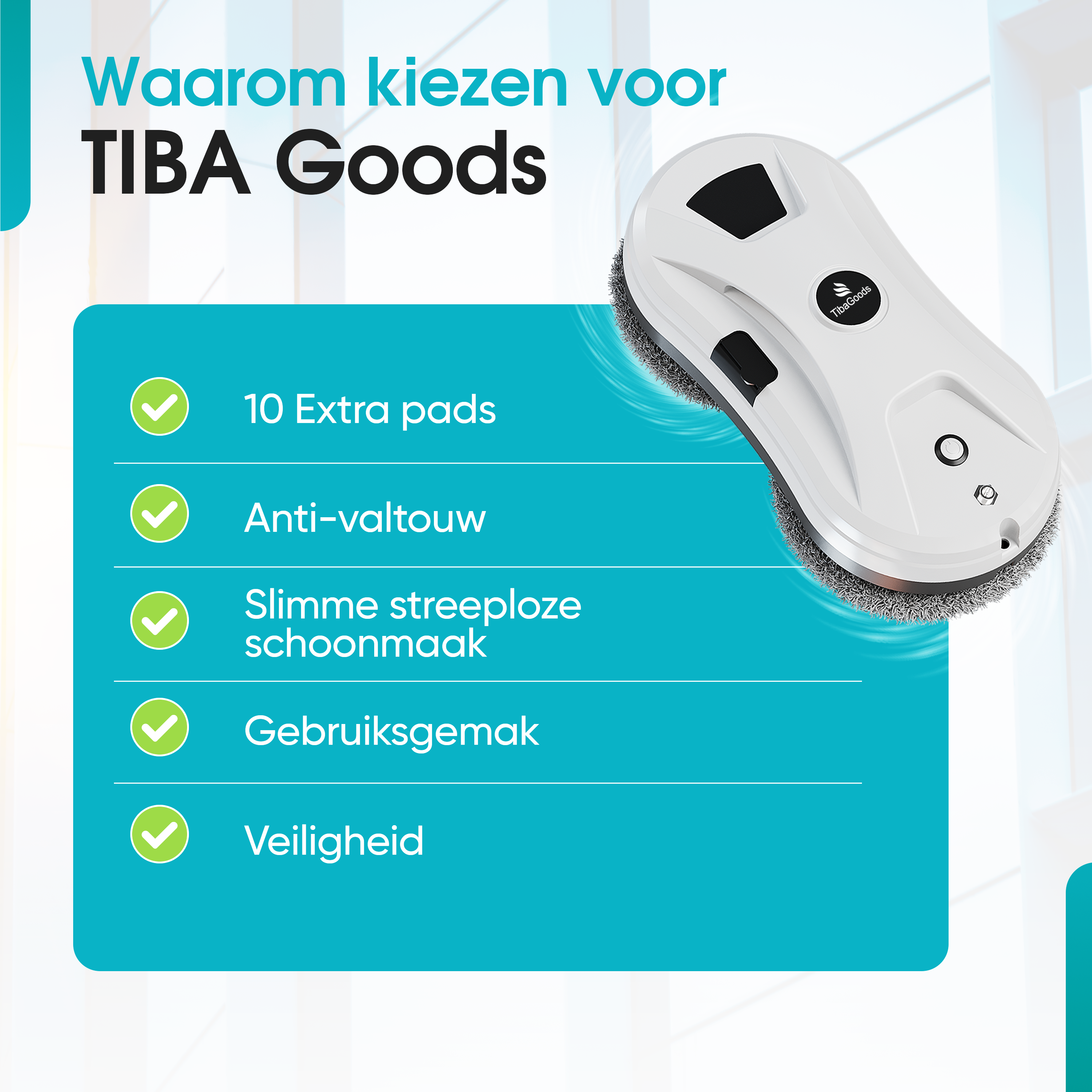 Ramenpoetsrobot met lijst met voordelen: 10 extra pads, anti-val, slimme streepvrije reiniging, gebruiksgemak, veiligheid.