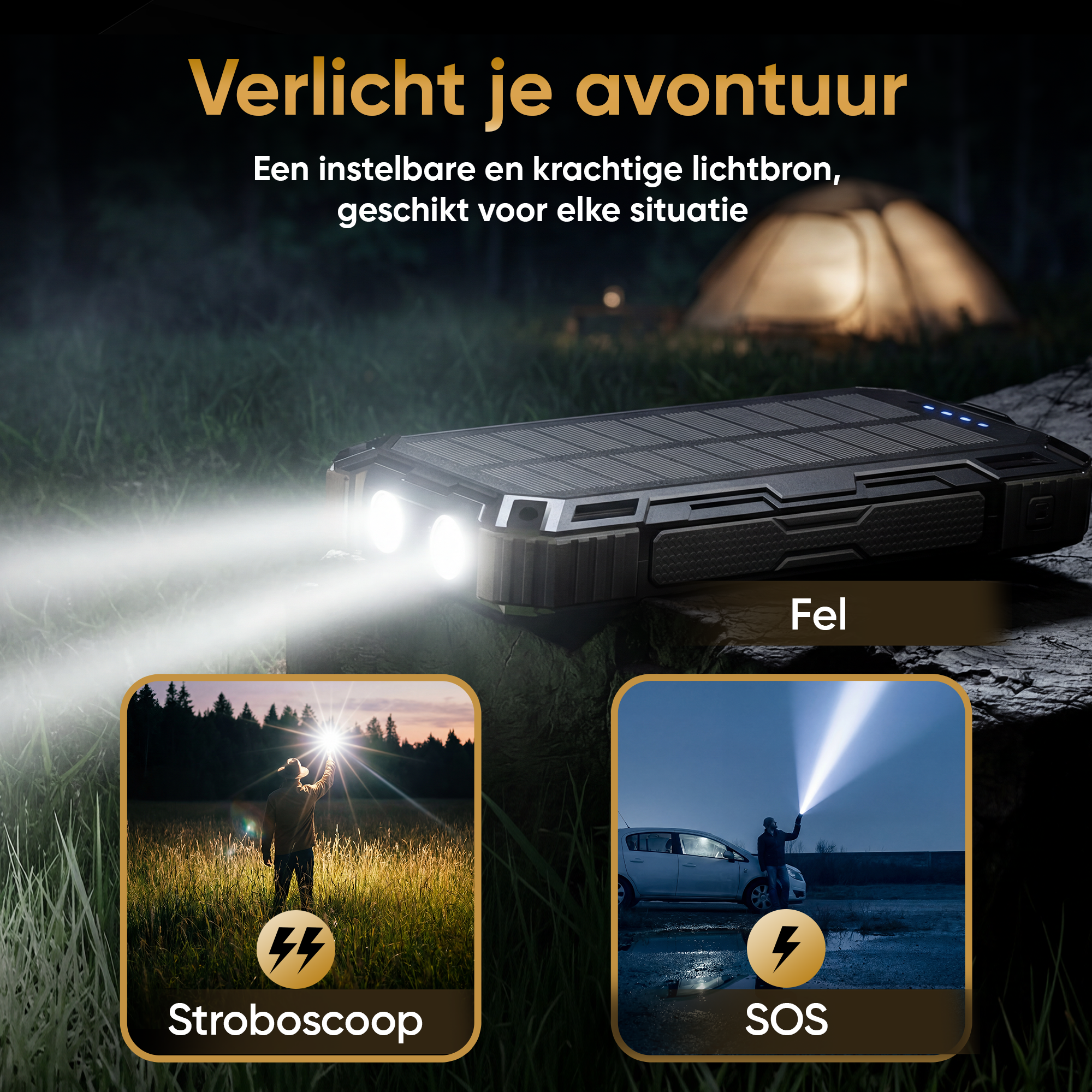 A rugged power bank with two bright lights illuminates the night. Foreground shows two scenes: man in field, man with car.