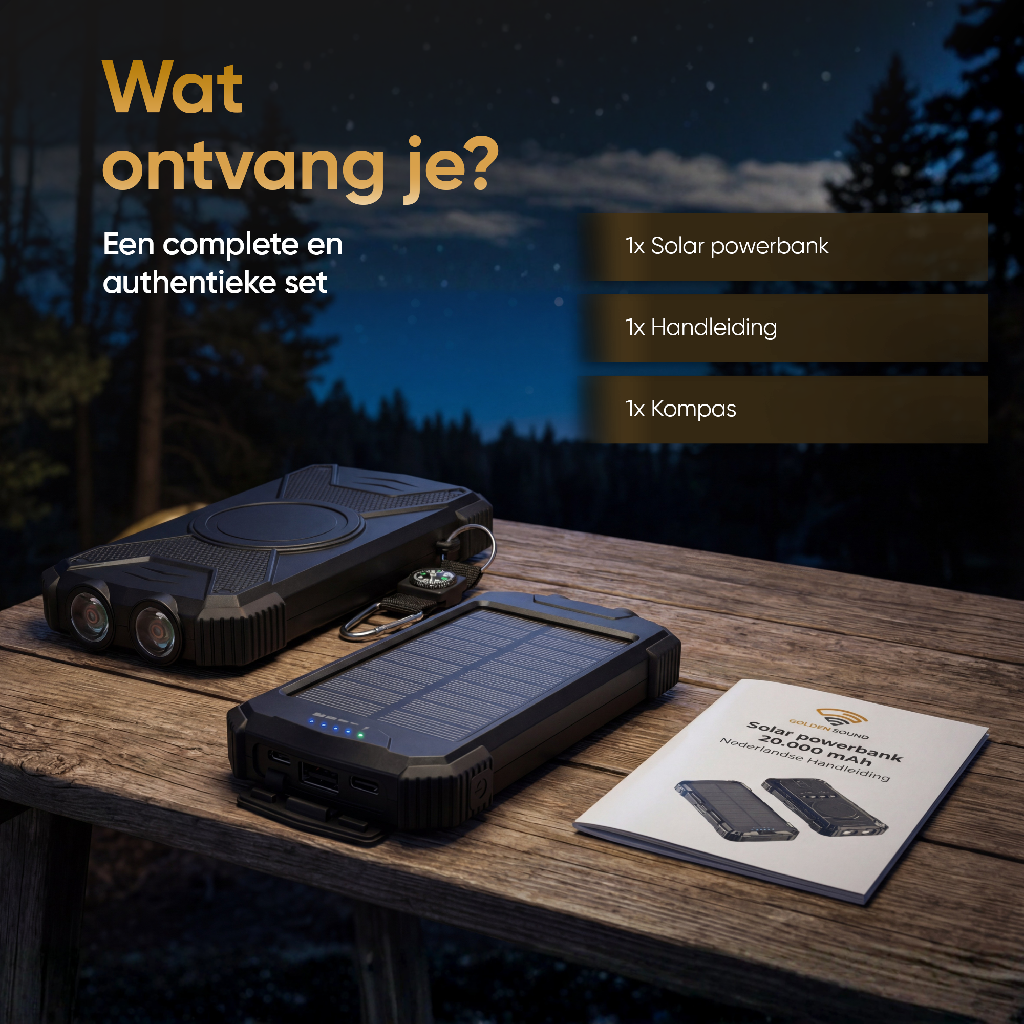 Solar powerbank, manual, and compass on a wooden table outdoors.