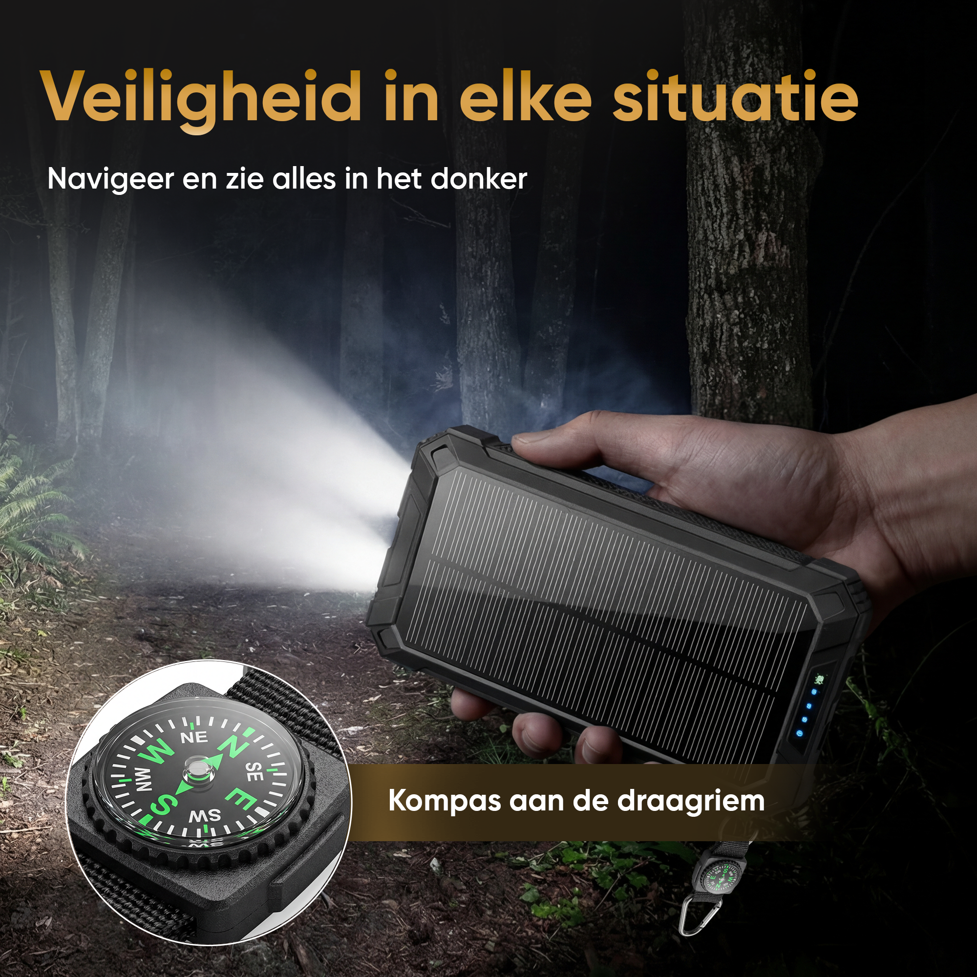 Hand holds solar power bank with light and compass in dark forest.
